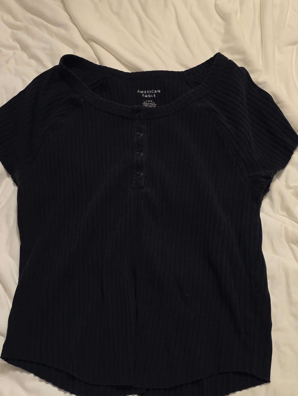 American Eagle Outfitters Black Ribbed Short Sleeve Henley Tee